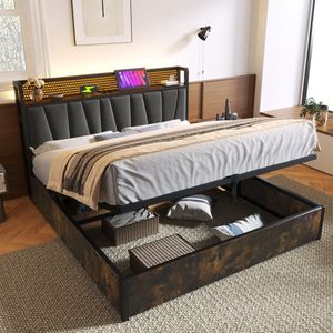 Sweiko Metalen Bed, LED applicatie control, tweepersoonsbed met oplaad USB, hoofdbord en LED verlichting, metalen bed 140x200cm houten frame, donkergrijs (zonder matras)