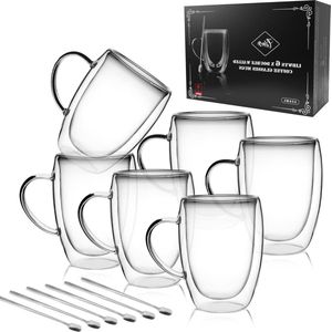 Dubbelwandige koffiekopjes met handvat - set van 6 - hittebestendige glazen theekopjes - 350 ml koffiekopjes set van 6