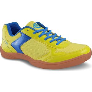 Nivia Flash badmintonschoenen (geel/asterblauw, 9 VK / 10 VS / 43 EU) | Voor mannen en jongens | Niet-markerende ronde zool | Bovenwerk van synthetisch leer van PVC met mesh