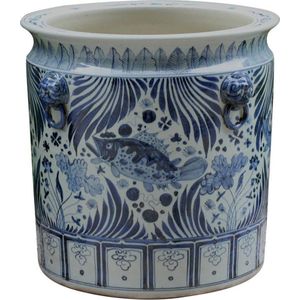 The Ming Garden Collection | Chinees Porselein | Grote Porseleinen Bloempot Met Vissen | Blauw & Wit