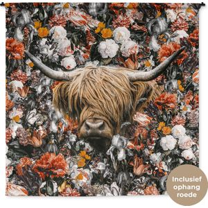 Wandkleed - Wanddoek - Schotse hooglander - Bloemen - Oranje - 180x180 cm - Wandtapijt