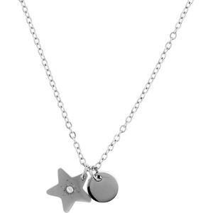 Behave Minimalistische ketting met ster en ronde hanger stainless steel (staal) zilver kleur