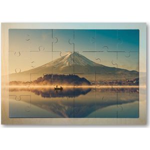 Mount Fuji bij Kawaguchimeer - Zonsopkomst - 24 Stukjes Houten Puzzel - Minimalist - Landschap - Natuur