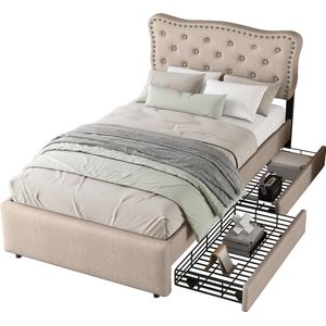 Merax 90*200 cm Gestoffeerd Bed - Bedframe met Opbergruimte - Beige Bruin