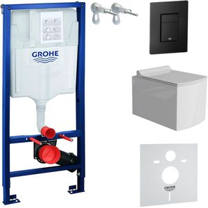 Inbouwreservoir Complete Toiletset Grohe Solido 39069000 - Inbouw WC Hangtoilet Wandcloset Fago Wit Hoogglans - Bedieningsplaat EVEN 3in1 Zwart - Voorwandelement - Installatiesysteem