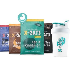 X-OATS-LEKKERE ONTBIJTSHAKE-hoog in proteïne,laag in suiker|8x70gr overnight oats shake|vegan en glutenvrij|maaltijdvervanger|gezond ontbijt/maaltijd|mixed smaken-8pack[2x appel/kaneel,2x koffie/cacao,2x banaan/chocolade,2x bosbes/aardbei]MET Shaker