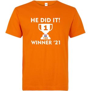 Baby T-shirt oranje He did it! Winner '21 | race supporter fan shirt | Formule 1 fan kleding | Max Verstappen / Red Bull racing supporter | wereldkampioen / kampioen 2021 | racing souvenir | maat 92