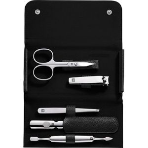 Manicure set - Manicureset 5-delig pedicureset in reisformaat met nagelknipper echt lederen etui - gepolijst roestvrij staal zwart