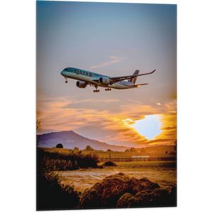 WallClassics - Vlag - Blauw Laagvliegend Vliegtuig met Zon - 50x75 cm Foto op Polyester Vlag