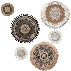 Jute Boho muurdecoratie set van 6 - platte ronde macramé - Boheemse mandala muurkunst - Rustieke slaapkamer - Woonkamer decoratie - Boheemse stijl - Aesthetic - Handgemaakt