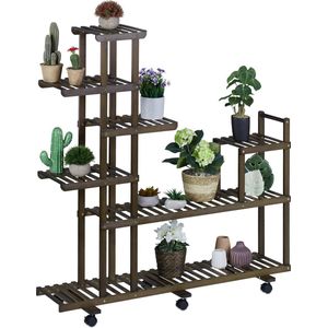 Relaxdays plantenrek bamboe - bruin - binnen - planten etagere - bloemenrek - op wielen