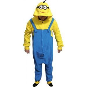 KIMU Onesie Geel Blauw Overall Pak - Maat 140-146 - Monster Kostuum Kinderen Jumpsuit Huispak Fleece Pyjama Jongen Meisje Minion Huispak Festival