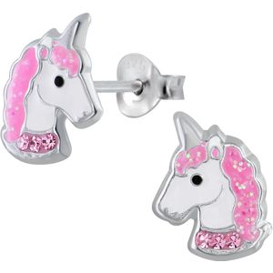 Joy|S - Zilveren eenhoorn oorbellen - unicorn oorknoppen roze kristal