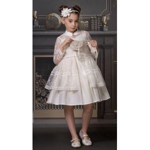 luxe feestjurk met geborduurde jas, haardiadeem-galajurk-vintage jurk met kanten jas-bruiloft-communie-fotoshoot-wit beige-katoen- 8-9 jaar maat 136