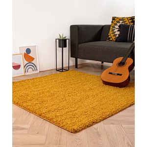 Vierkant hoogpolig vloerkleed shaggy Trend effen - okergeel 240x240 cm