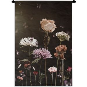 Wandkleed - Bloemen - Stilleven - Natuur - Pastel - Vlinders - Muurdoek - Katoen - Wandtapijt - Woonkamer - Wanddoek - 60x90 cm - Woondecoratie - Muurkleed - Tapestry - Muurdecoratie - Wandkleden