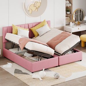 Sweiko Gestoffeerd bed 180x200 cm, hydraulisch opbergbed, huidvriendelijk linnen loft bed, multifunctioneel tweepersoonsbed, Roze