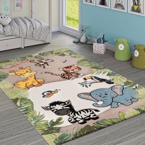 Paco Home Vloerkleed Kinderkamer Jungledieren Giraf Leeuw Aap Zebra Beige/Crème 140x200 cm