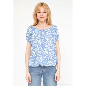 Dames blouse Tina gebloemd motief licht blauw sky blue wit korte mouwen top maat M/L