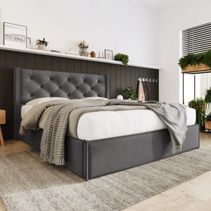 Crossover Retail® - Eenpersoonsbed 90x200 - Bed Met Opbergruimte - Gestoffeerd Bedframe - Incl. Latenbodem - Donkergrijs