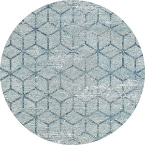 Rond vloerkleed vintage - Tapijten woonkamer - Geometrisch - Blauw - 140ø
