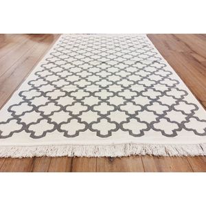 Kelim Vloerkleed -80x150- Grijs & Gebroken wit -  Keukenloper - Loper tapijt- Machinewasbaar - Modern