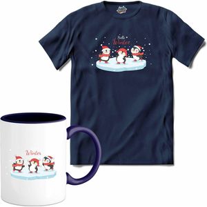 Kerst pinguin buddy's - T-Shirt met mok - Heren - Navy Blue - Maat XL