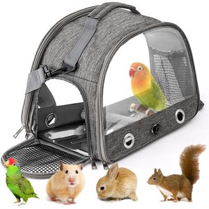Draagtas met staanstang en roestvrijstalen dienblad, draagbare vogelkooi, huisdierreistas voor papegaaien, rugzak voor vogels met houten stok, kleine huisdierdraagtas, vogel transportbox (grijs)