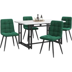 Merax Eettafel Set 140x80 cm met 4 Stoelen - Moderne Keukentafel - Donkergroene Fluwelen Stoelen - Zwarte IJzeren Poten