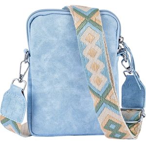 Nouka Licht Blauwe Kleine Damestas met Rits – Schoudertas – Crossbody – Telefoontasje - Clutch - met Verstelbare & Afneembare Brede Tassenriem – Schouderriem met Bohemian Print