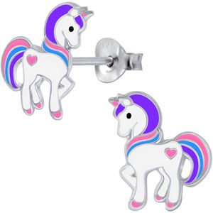 Joy|S - Zilveren eenhoorn oorbellen - pony oorknoppen - 10 x 13 mm - unicorn