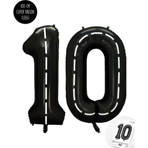 Cijfer Helium Folie Ballon XXL - 10 jaar cijfer - Zwart - Wit - Race Thema - Formule1 - 100 cm - Snoes