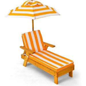 COSTWAY Zonneligstoel voor kinderen, met parasol en kussen, houten ligstoel, houten ligstoel, belastbaar tot 50 kg, tuinmeubelen voor kinderen
