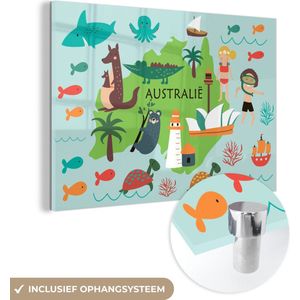 MuchoWow® Glasschilderij 180x120 cm - Schilderij acrylglas - Wereldkaart Kinderen - Australië - Dieren - Foto op glas - Schilderijen