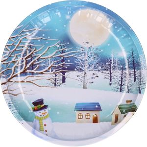 Metalen Kerst Ontbijt/Diner Bord met Sneeuwpop Blauw 26 cm