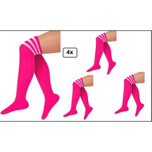 4x Lange sokken fluor roze met witte strepen - maat 36-41 - kniekousen fluor roze overknee kousen sportsokken cheerleader carnaval voetbal hockey unisex festival