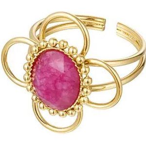 Stainless Steel Gouden Ring classy Bloem - Ring met Fuchsia Steen - Open Ringen - Verkleurd niet! - RVS Goud