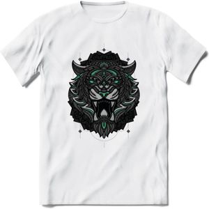 Tijger - Dieren Mandala T-Shirt | Aqua | Grappig Verjaardag Zentangle Dierenkop Cadeau Shirt | Dames - Heren - Unisex | Wildlife Tshirt Kleding Kado | - Wit - 3XL