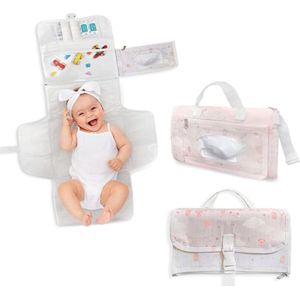 Draagbaar aankleedkussen XL - aankleedmat waterdicht opvouwbaar ideaal als cadeau voor pasgeborenen - de aankleedmat is een afneembare tas met 6 vakken als toilettas voor babyartikelen