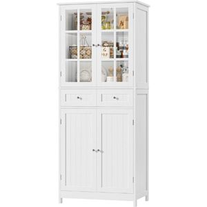 Keukenkast-180-Cm-Buffetkast-Met-2-Glazen-Deuren-Hoge-Kast-Met-4-Deuren-En-2-Laden-Multifunctionele-Kast-Voor-Keuken-Eetkamer-Woonkamer-Wit