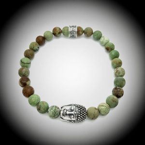 Natuursteen Armband met 925 Sterling Zilver Buddha / Boedha Bedel van 13 gram Zilver , Handgemaakte Edelsteen Kralenarmband met 8mm (Matte Groene Opaal) kralen .