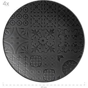 Serie Tiles Vintage tafelservies voor 4 personen in Moorse stijl met modern matglazuur, 12-delige keramische servies-set, aardewerk, zwart