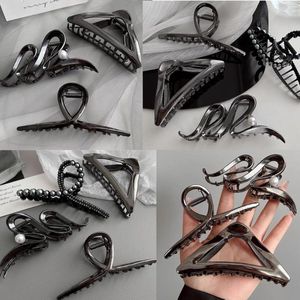 Haarklemmen, metaal, zwart, grote haarspelden, set met parels, voor vrouwen en meisjes, dikke haaraccessoires (4 stuks)