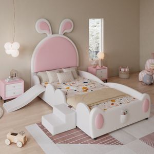 Sweiko Kinderbed - 90x200 cm - met Trapje + Glijbaan - Konijnenoren - PU materiaal - Wit + Roze