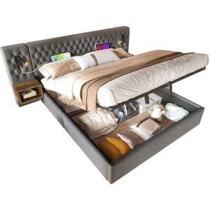 Merax Gestoffeerd Bed 180x200 cm – Bed met Opbergruimte & Nachtkastjes – Fluweel Grijs – LED Leeslamp & USB