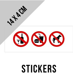 Pictogram/ sticker | Alcohol verboden - Eten verboden - Honden verboden | 14 x 4 cm | No food | Verbod | Overlast | Ingang | Verbodstekens | Universeel | Witte folie | Raamsticker | 2 stuks