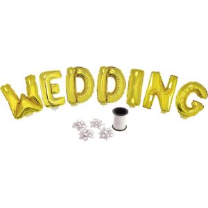 Folie ballonset goud met letters WEDDING 41 cm + geschenklint 10m met 4 witte strikken