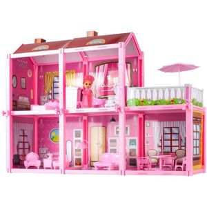 Poppenhuis - grote Villa - met pop om in elkaar te zetten - Speelfigurenset