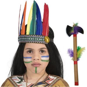 Indiaan verkleed accessoire set hoofdtooi en bijl - Carnaval verkleed accessoires indiaan