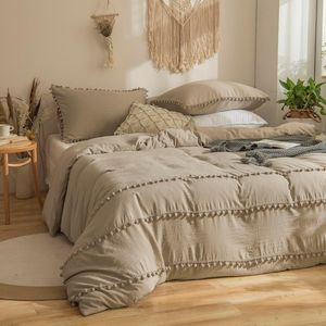 Bohemian Bedlinnen, 155 x 220 cm, 2-delig, Khaki, Pom Pom, Boho, Chic Bedlinnen, Gewassen Microvezel Beddengoedsets, Zacht, Kwastjes Dekbedovertrek met Rits en 1 Kussensloop, 80 x 80 cm